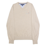 TOMMY HILFIGER Mens Jumper Beige V-Neck Tight Knit M