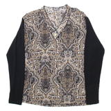 Womens Printed Blouse Brown V-Neck Long Sleeve Crazy Pattern M