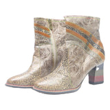Womens Leather Ankle Boots Beige Brown Floral Pattern UK 6 Stylish Comfort
