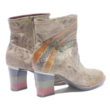 Womens Leather Ankle Boots Beige Brown Floral Pattern UK 6 Stylish Comfort