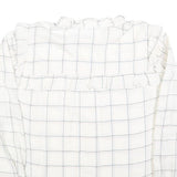 C&A Womens White Checked Blouse Long Sleeve Button Neck L Ruffle Detail