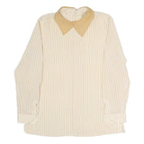 Womens Beige & Cream Striped Top Long Sleeve Button Neck Shirt M Vintage Style