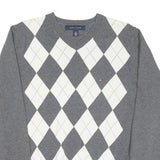 TOMMY HILFIGER Womens Grey & White Argyle Pattern Jumper V-Neck Cable Knit M