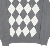 TOMMY HILFIGER Womens Grey & White Argyle Pattern Jumper V-Neck Cable Knit M