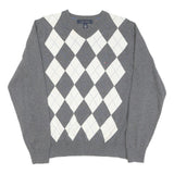 TOMMY HILFIGER Womens Grey & White Argyle Pattern Jumper V-Neck Cable Knit M