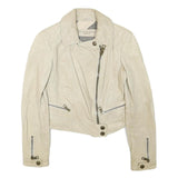 BURBERRY BRIT Womens White Leather Biker Jacket UK 4 Plain Zip Moto Style