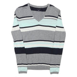 TOMMY HILFIGER Womens Grey Blue White Striped Pattern V-Neck Basic Knit Jumper