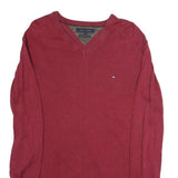 TOMMY HILFIGER Mens Red Plain V-Neck Basic Knit Jumper L Cotton Casual