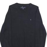 TOMMY HILFIGER Mens Black Plain Cotton Jumper Crew Neck Basic Knit M Casual
