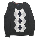 TOMMY HILFIGER Mens Charcoal Grey Patterned V-Neck Basic Knit 2XL Jumper Cotton