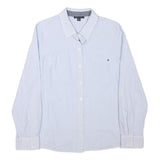 TOMMY HILFIGER Womens Blue Pinstripe Shirt L Classic Button Down Cotton Blend