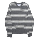 TOMMY HILFIGER Mens Grey & Light Grey Striped Plain V-Neck Basic Knit L Jumper