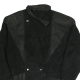 BERMANS Womens Black Leather Jacket M Button Closure Patterned Detail Stylish