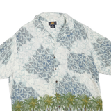 ROUTE 66 Mens White & Blue Rayon Hawaiian Shirt XL Tropical Palm Print Casual