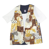 YESSICA Womens Blue Brown & Yellow Printed Shirt Short Sleeve Round Neck L