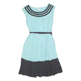 MONSOON Womens Blue & Black Fit & Flare Viscose Midi Dress UK 12 Belted Round