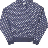 CHAMPION Mens Navy Blue All Over Logo Pullover Hoodie M Cotton Blend