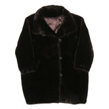 Womens Black Faux Fur Plush Coat L Polyester Blend Button Closure Warm