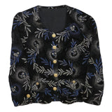 Womens Black & Blue Floral Button Jacket S Polyester Blend Elegant Patterned