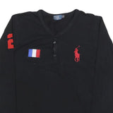 POLO RALPH LAUREN Womens Black & Red Graphic T-Shirt L Long Sleeve V-Neck Button