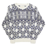 GOLDEN PYRAMID Womens White & Navy Patterned Cotton Jumper Crew Neck Regular L