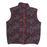 Mens Burgundy Blue Leaf Pattern Polyester Zip Sleeveless Jacket Vest L Casual