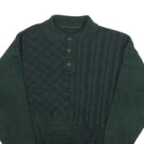 Mens Green Patterned Polo Jumper M Button Up Basic Knit Regular Fit Casual