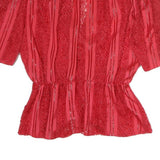 Womens Red Textured Stripe V-Neck Top M Polyester Blend Short Sleeve