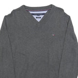 TOMMY HILFIGER Mens Grey Plain Cotton Blend Jumper V-Neck Basic Knit M Classic