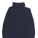 TOMMY HILFIGER Womens Navy Patterned Jumper Roll Neck Cable Knit M Cotton Blend