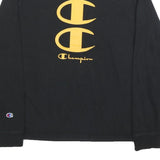 CHAMPION Mens Black Graphic T-Shirt M Long Sleeve Crew Neck Cotton Blend Logo