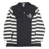 BLUE MOON Womens Black & Striped Jacket UK 22 Cotton Blend Zip Floral