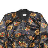 FLOSPORT Womens Black Satin Bomber Jacket L Polyester Blend Zip Baroque Print