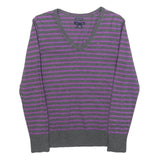 TOMMY HILFIGER Womens Grey & Purple Striped Patterned V-Neck Basic Knit Jumper M