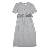 MISS DORBY Womens Grey & Black Embroidered Midi Dress Polyester Puff Sleeve L