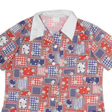 Womens Red Blue White Patchwork Pattern Shirt M Short Sleeve Button Front