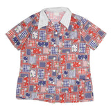 Womens Red Blue White Patchwork Pattern Shirt M Short Sleeve Button Front