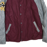 Mens Burgundy & Grey Wool Blend Button Jacket M Leather Sleeves Patch Detail