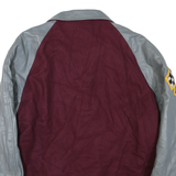 Mens Burgundy & Grey Wool Blend Button Jacket M Leather Sleeves Patch Detail