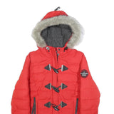 SUPERDRY Womens Red Hooded Puffer Jacket S Polyester Blend Zip Faux Fur Trim
