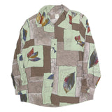 DIVINA Womens Green Brown Leaf Print Shirt Long Sleeve Collared M Relaxed Fit