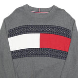 TOMMY HILFIGER Mens Grey Red & White Patterned Crew Neck Jumper Cotton Blend 2XL
