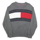 TOMMY HILFIGER Mens Grey Red & White Patterned Crew Neck Jumper Cotton Blend 2XL