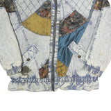 WEATHERED BLUES Womens Blue Patchwork Zip Cotton Blend Jacket L Artistic Pattern
