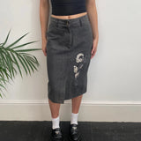 Blooming Midi Denim Skirt - 28W UK 8 Black Cotton