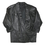 Womens Black Leather Button Jacket L Woven Plain Stylish Comfortable Relaxed Fit