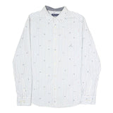 NAUTICA Mens White & Blue Striped Cotton Blend Shirt M Nautical Embroidery