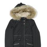 ZARA Womens Black & Beige Faux Fur Hood Parka Jacket XS Polyester Blend Zip