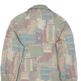 Womens Beige & Blue Abstract Pattern Button Jacket M Polyester Blend Casual