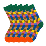Anyfootwear 5 Pairs Size 5-9 Women Fashion Crew Socks Combed Cotton Multi-Color Checkered Abstract Oil Painting Print Novelty Funny Casual Christmas Gift